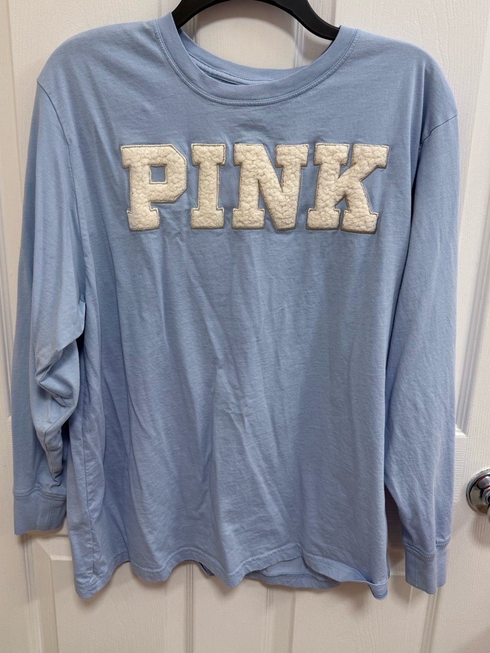 PINK Victoria's Secret Light Blue Tee with Black Logo, Size Large